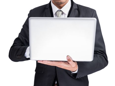 Yong businessman holding laptop isolate on white background