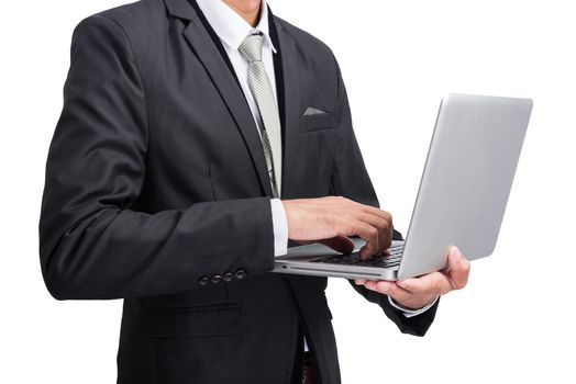 Yong businessman holding laptop isolate on white background