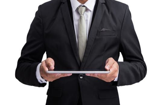 Yong businessman holding digital tablet computer showing screen display isolate on white background