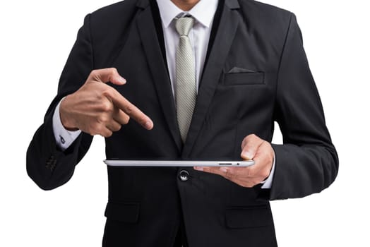 Yong businessman holding digital tablet computer showing screen display isolate on white background