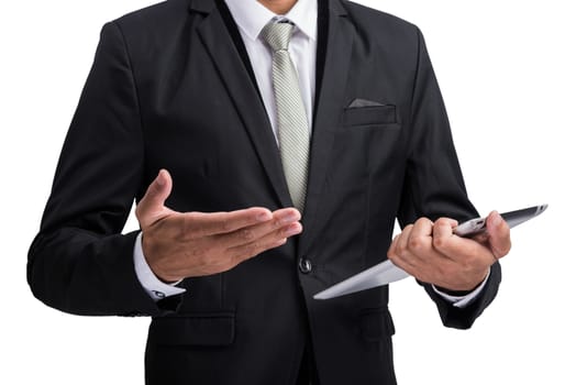 Yong businessman holding digital tablet computer showing screen display isolate on white background