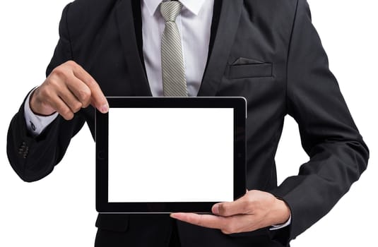 Yong businessman holding digital tablet computer showing screen display isolate on white background