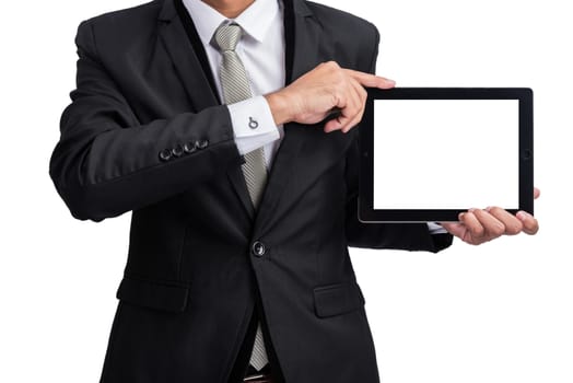Yong businessman holding digital tablet computer showing screen display isolate on white background