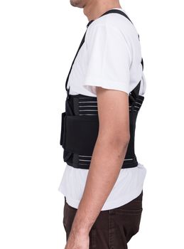 Worker man wear back support belts isolate ob white background