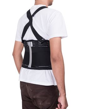 Worker man wear back support belts isolate ob white background