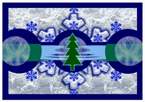 One green spruce, against the background of snowflakes, designer card blank, for congratulations
