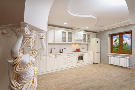 Simple and luxury modern white beige kitchen interior