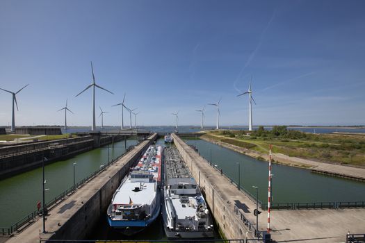 Krammersluizen lake krammer. Drone photograpy from the delta works in Zeeland in the Netherlands