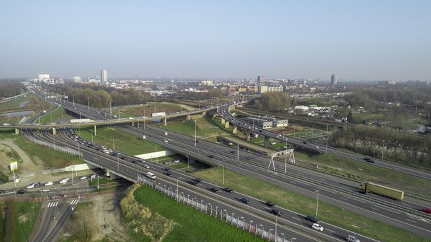 Aerial view of a massive highway intersection in Rotterdam, The Netherlands