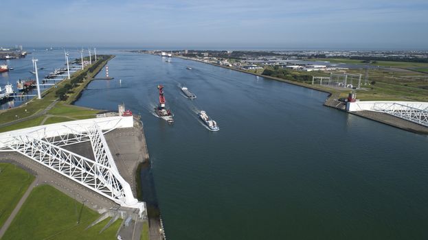 Aerial picture of Maeslantkering storm surge barrier on the Nieuwe Waterweg Netherlands it closes if the city of Rotterdam is threatened by floods and is one of largest moving structures on earth