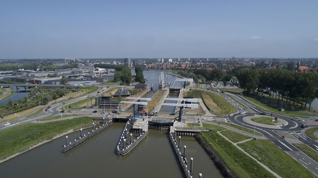 Typical Dutch lock and control room as seen in waterways and canals in the Netherlands