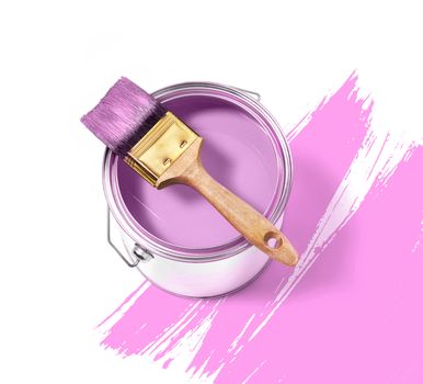 Pink paint tin can with large brush on top on a white background with pink strokes