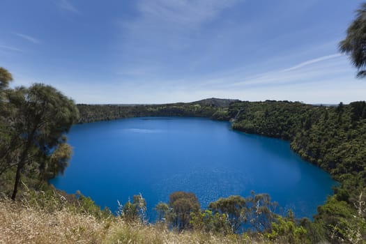 Panorama view of Blue Lake, a volcanic crater at Mount Gambier-South Australia in a sunny day. - Imag