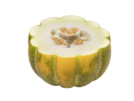 Half of ripe fresh melon with seeds isolated on white background. Sweet tropical fruit.