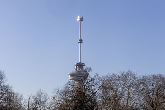 view of The Park in Rotterdam on a sunny day in autumn with a pond, trees, lawmns and in the background city icon the Euromast - Image