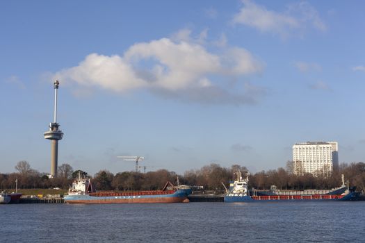 An ocean going freighter with the Euromast Tower in the background, viewed from a tourist boat on the Nieuwe Maas River in the port of Rotterdam - Image