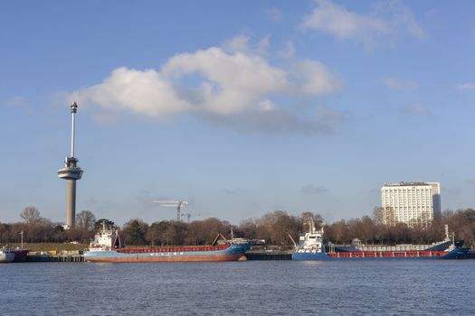 view on euromast and cityscape of Rotterdam from river bank on sunny october day - Image