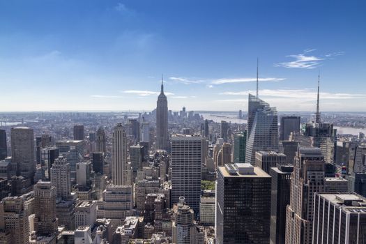 New York City skyscrapers in midtown Manhattan aerial panorama view in a sunny day