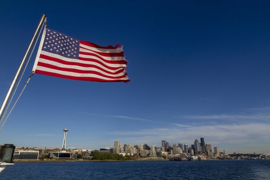 A view of the Seattle skyline, USA. With the flag of the USA