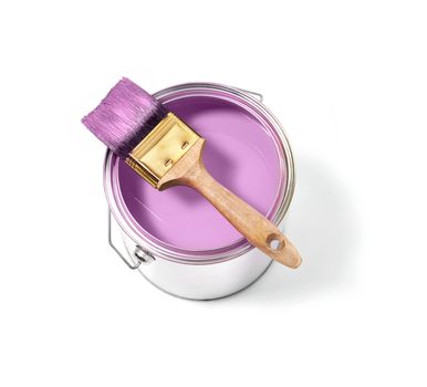 Pink paint tin can with brush on top on a white background with big pink strokes