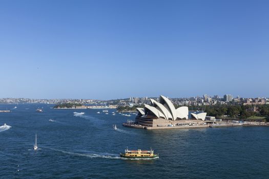 Australia Sydney CBD landmarks around Sydney Harbour view from Harbour Bridge lookout on a sunny summer day