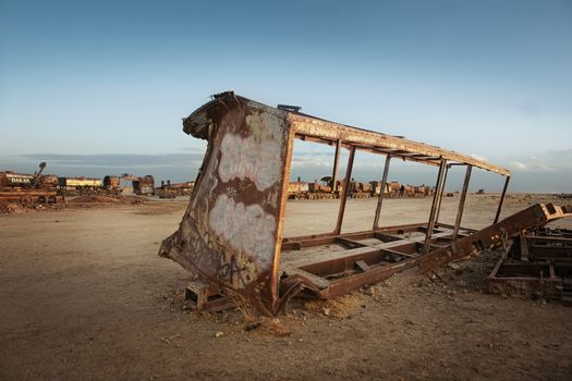 Uyuni, Bolivia. Abandoned Train On Sand At Desert
