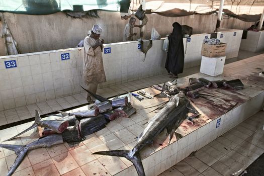 Muscat, Oman. fish market at Muttrah, town center of Muscat, Oman. Several tuna and other fish on stalls.