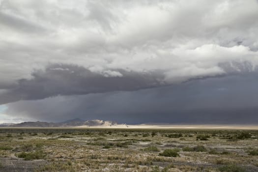 Prarie landscape beneats a dark bluegrey clouded sky