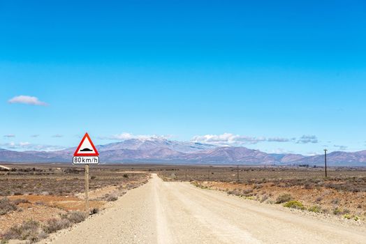 A landscape on road R356 to Ceres in the Western Cape Province. Snow is visible on Matroosberg