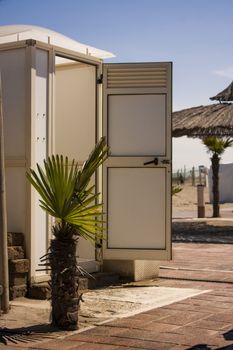 Vertical image of a bath, cabin, at a bathing establishment in northern Italy