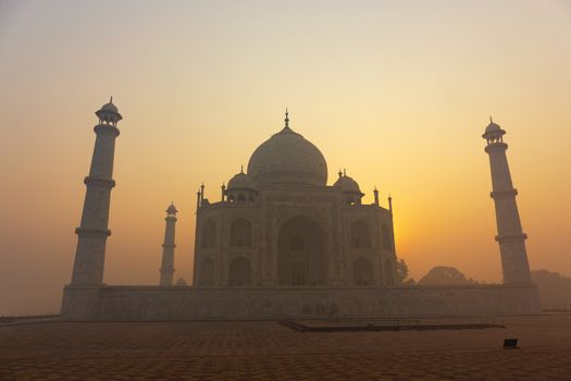 Agra, Uttar Pradesh, India. A view of the Taj Mahal seen during sunrise in Agra, india