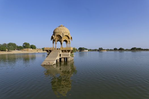 indian landmarks Gadi Sagar temple on Gadisar lake Jaisalmer, Rajasthan, north India