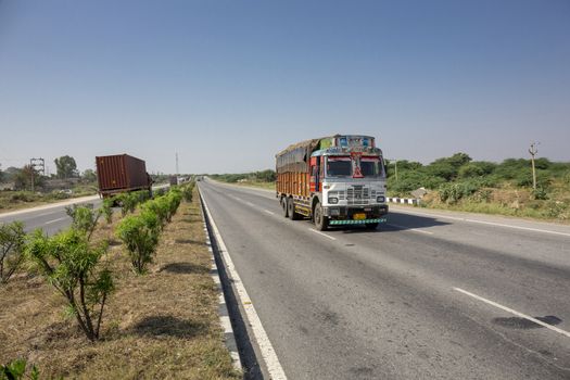 Rajasthan, India. Roads is the dominant mode of transportation. They carry almost 65 percent of its freight, India