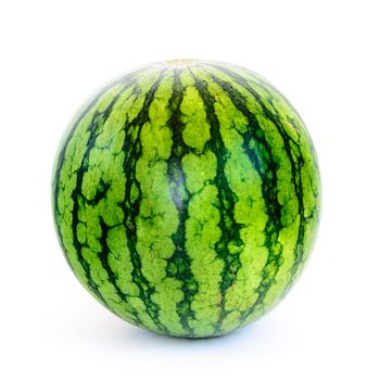 Single whole mini watermelon isolated on white background. Organic and fresh picked summer fruit with clipping path and copy space