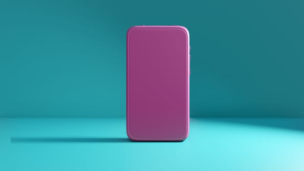 Pink smartphone mockup with blank screen on a green-blue background. 3D rendering