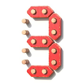 Wooden toy red digital number 3 THREE 3D render illustration isolated on white background