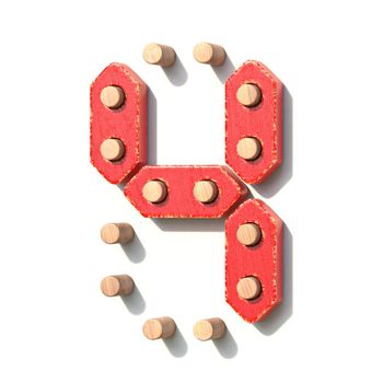 Wooden toy red digital number 4 FOUR 3D render illustration isolated on white background