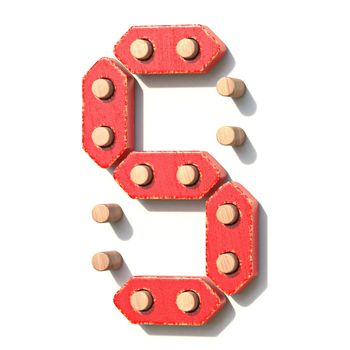 Wooden toy red digital number 5 FIVE 3D render illustration isolated on white background
