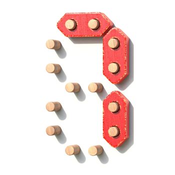 Wooden toy red digital number 7 SEVEN 3D render illustration isolated on white background
