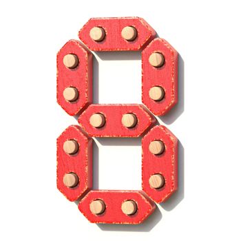 Wooden toy red digital number 8 EIGHT 3D render illustration isolated on white background