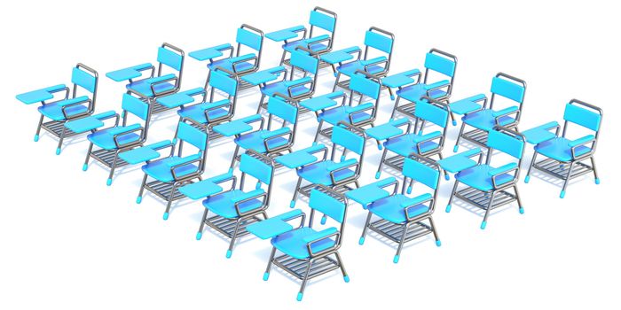 Group of twenty blue student chairs 3D render orthographic illustration isolated on white background