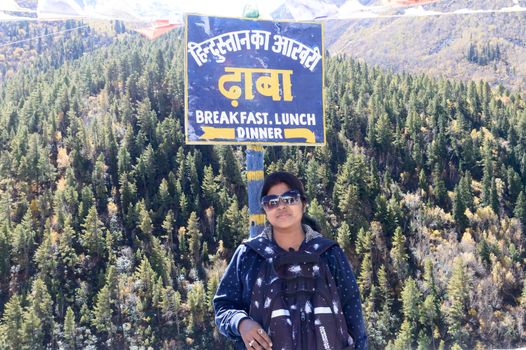 Hindustan ka Aakhri Dhaba, Chhitkul, Sangla valley, Kinnaur district, Himachal Pradesh, India October 2019 – Sign Board of Last Dhaba roadside restaurant last inhabited Village on India-China Border. Indian road ends here.