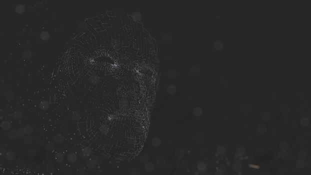 Human face consisting of luminous lines and dots. 3D illustration on a black background