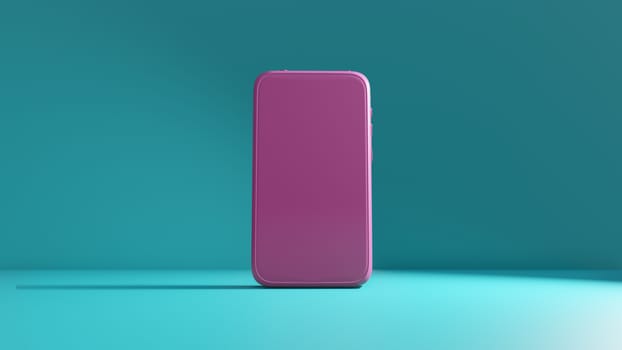 Pink smartphone mockup with blank screen on a green-blue background. 3D rendering