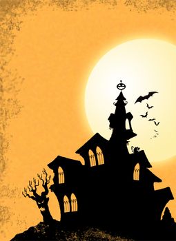 Halloween Black Haunted House Silhouette on Hill with Bats and Night Glowing Moon