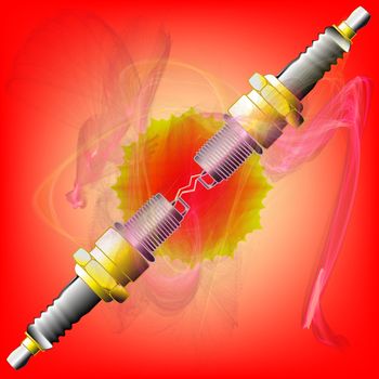 Two motor vehicle spark plugs sparking together with bright ribbon flash