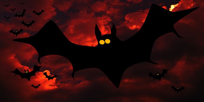 Vampire bats flying in formation across a dark red and dangerous sky