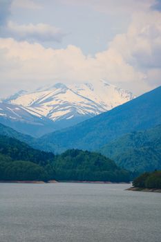 Vidraru Lake landscape from Romania Transfagaras, dam in the montains nature travel and tourism in Fagaras