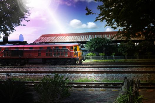 Lampang , Thailand : September 13 2019 : beautiful Diesel electric locomotive with sun light. Lampang station  , Thailand