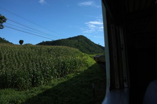 View from train railway makes a curve bend through beautiful natural green grasslands and mountains . Travel in Thailand